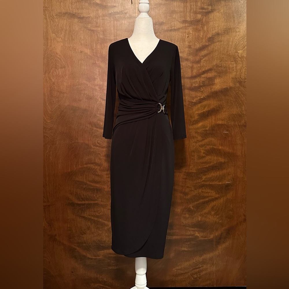 Thalia Sodi 3/4 Sleeve Side Twist Buckle Sheath Dress Womens M Black Knit Formal
